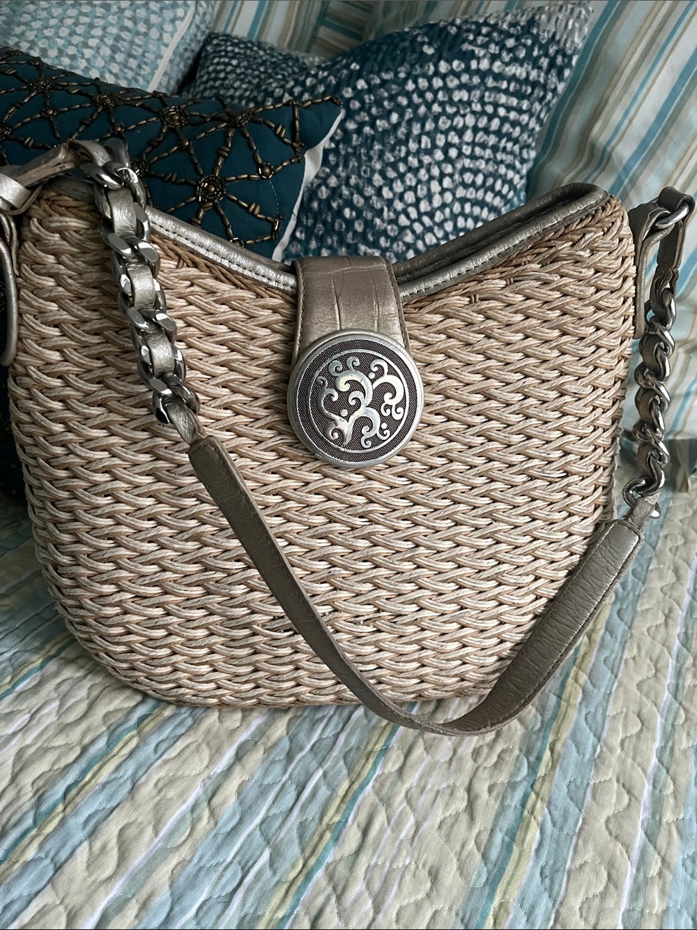 Brighton Woven Straw Shoulder Bag with Silver Trim